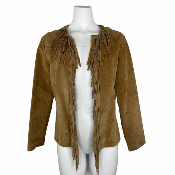Boho Fringe 100% Leather Jacket Open Front M - Picture 1 of 6
